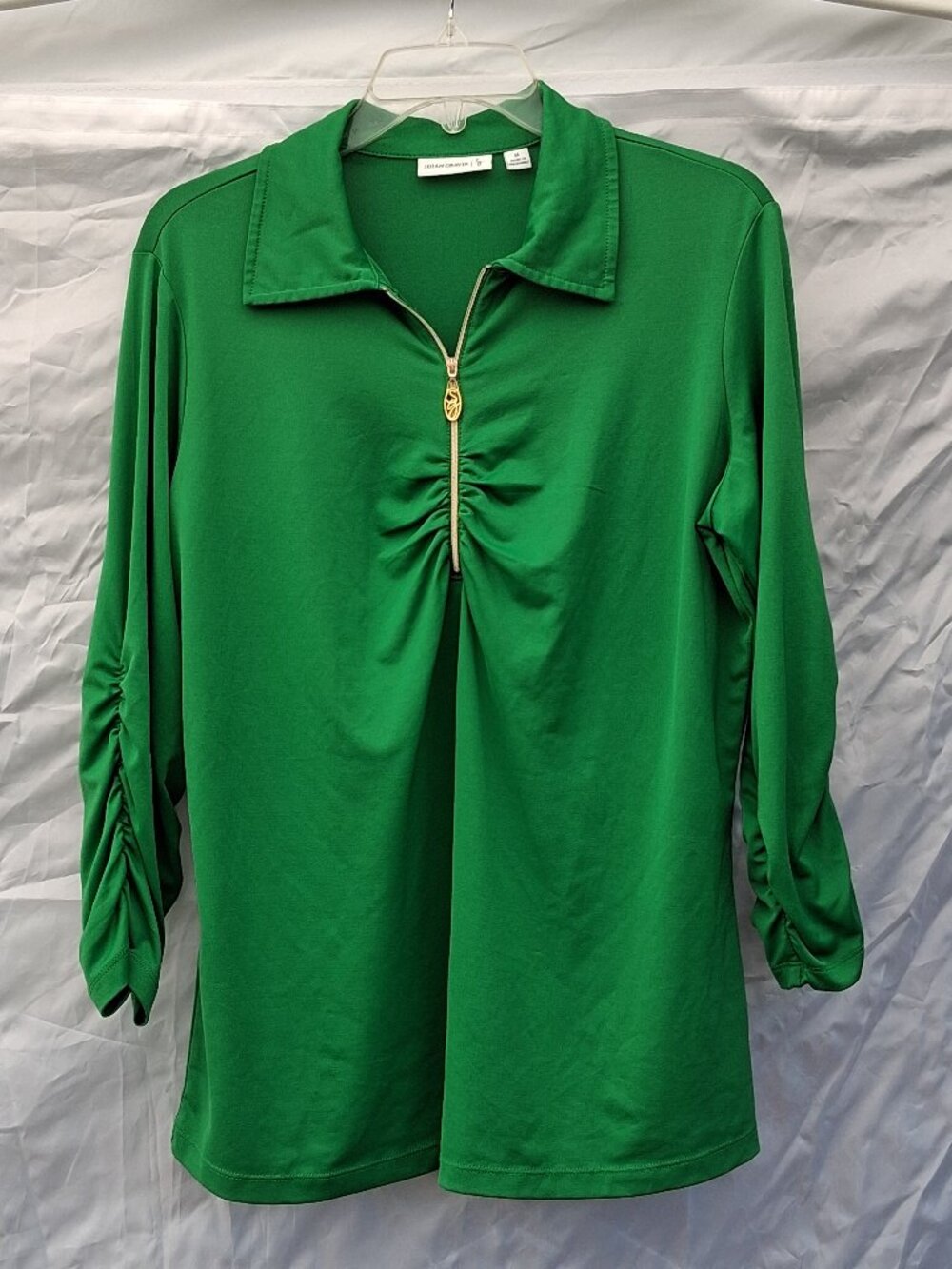 Susan Graver Liquid Knit Ruched Half Zip Tunic Green Size Medium